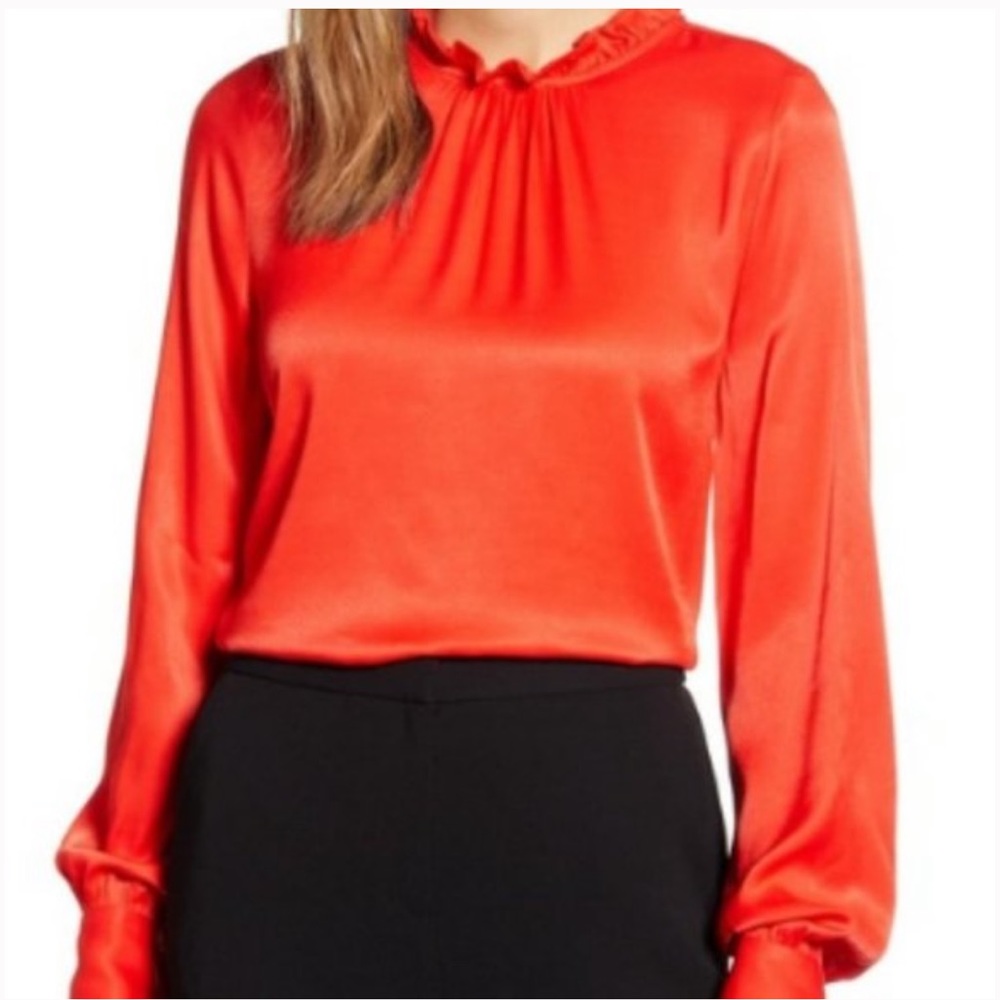 NWT Rachel Parcell Top Red Satin Top High Neck Long Sleeve Blouse Size Large